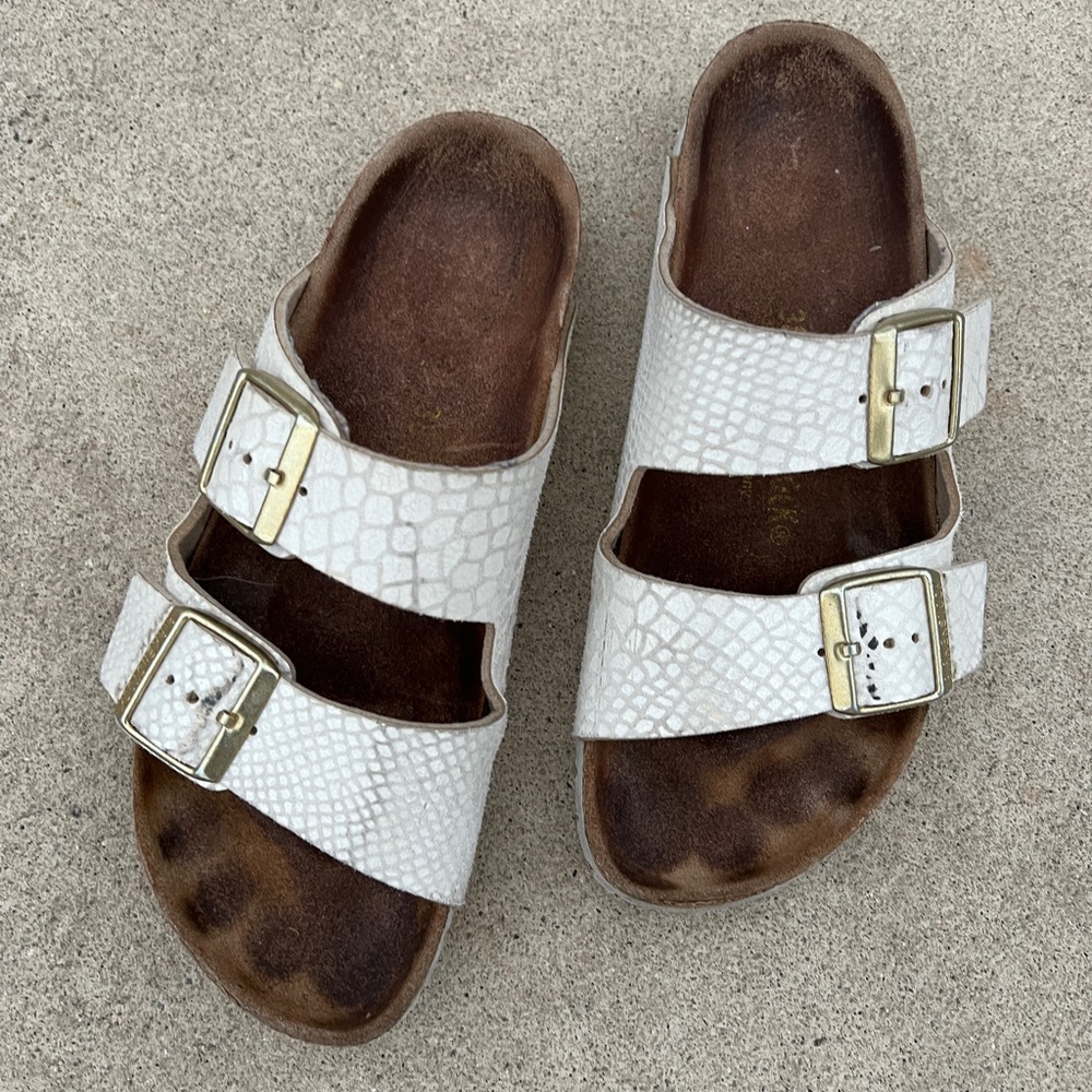White patterned Birkenstock Arizona sandals